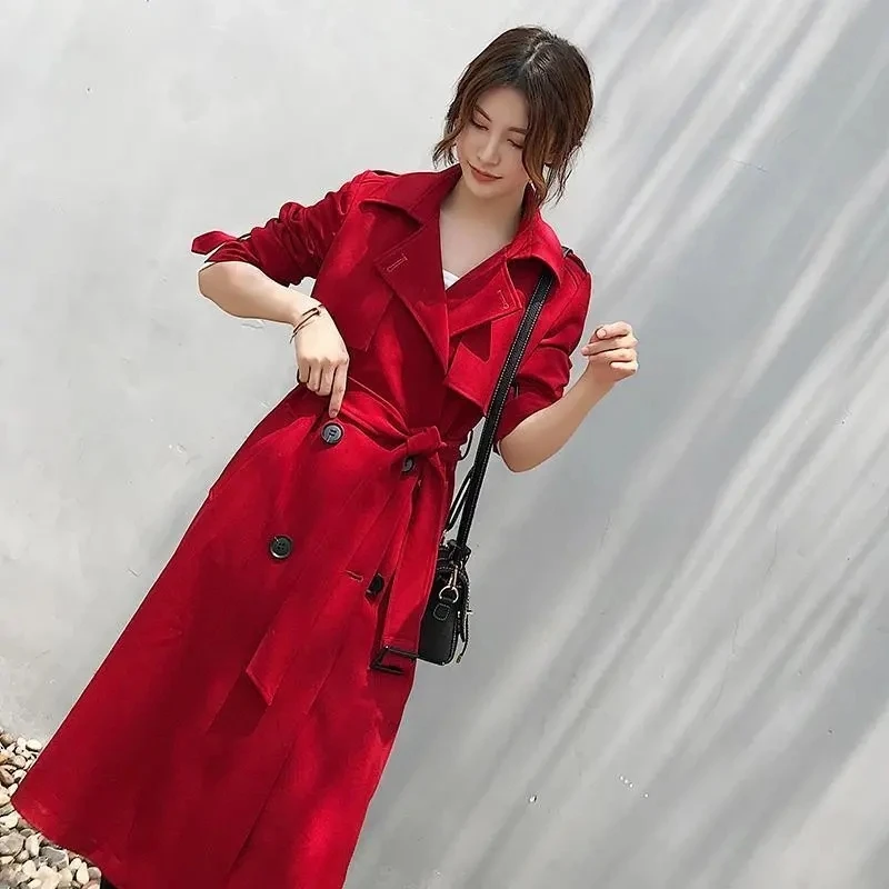 Autumn Korean Women Red Trench Coat With Sashes Elegant Double Breasted Long Sleeve Lapel Mid-length Windbreaker Female 2024 New