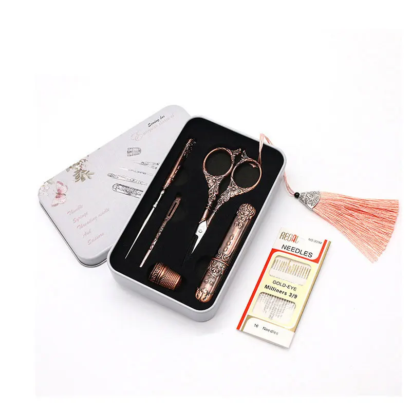 

7Pcs/sets Vintage Scissor Sewing Tool Set Embroidery Scissor Needle Case Needle Bottle Sewing Thimble Antique Craft Sewing Tool