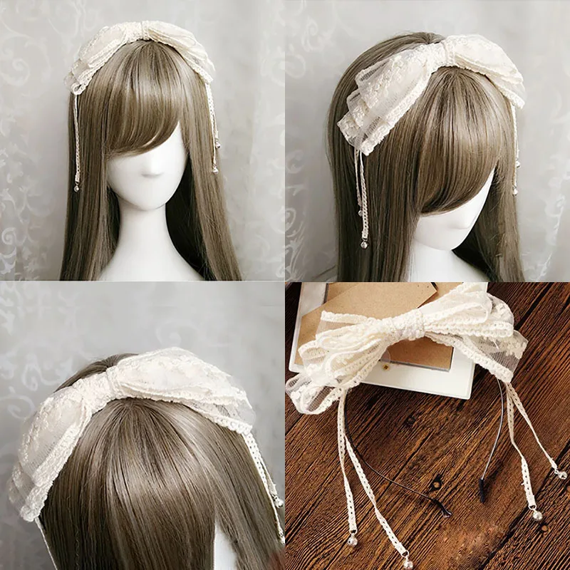 Lolitaลูกไม้headbandโบว์ผมอุปกรณ์เสริมhandmadeลูกไม้สีขาวheaddress hairpinระฆังLolita headband