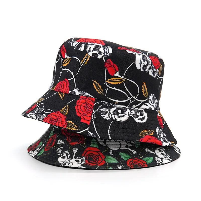 2021 Vintage Panama Fishermant Hat Women Men Harajuku Skull Rose Print Bucket Hat Women Men Reversible Fishing Cap