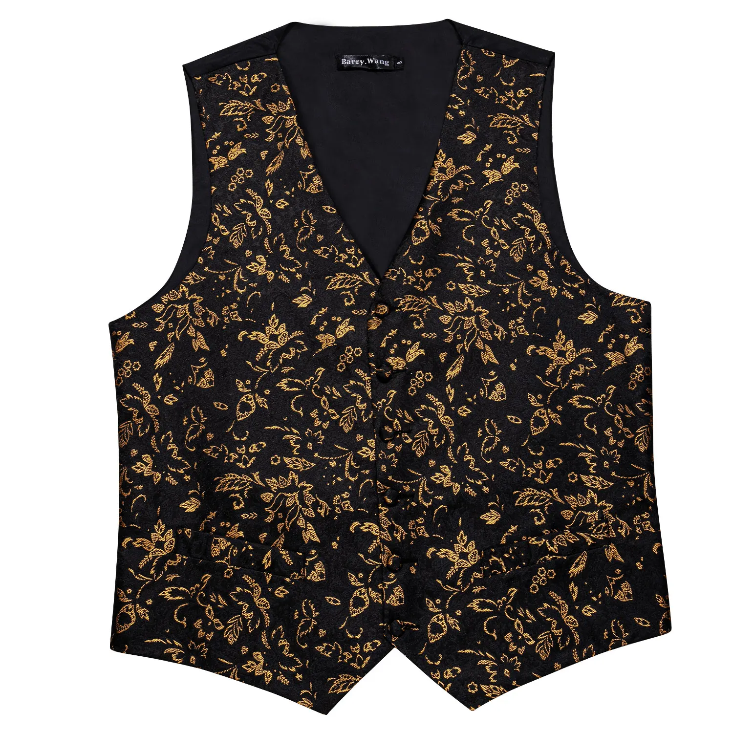 Gold Mens Luxury Brocade Black Floral Suit Vest  Set Silk Tie Waistcoat Set Men Clothes Barry.Wang Fashion Designer M-2037