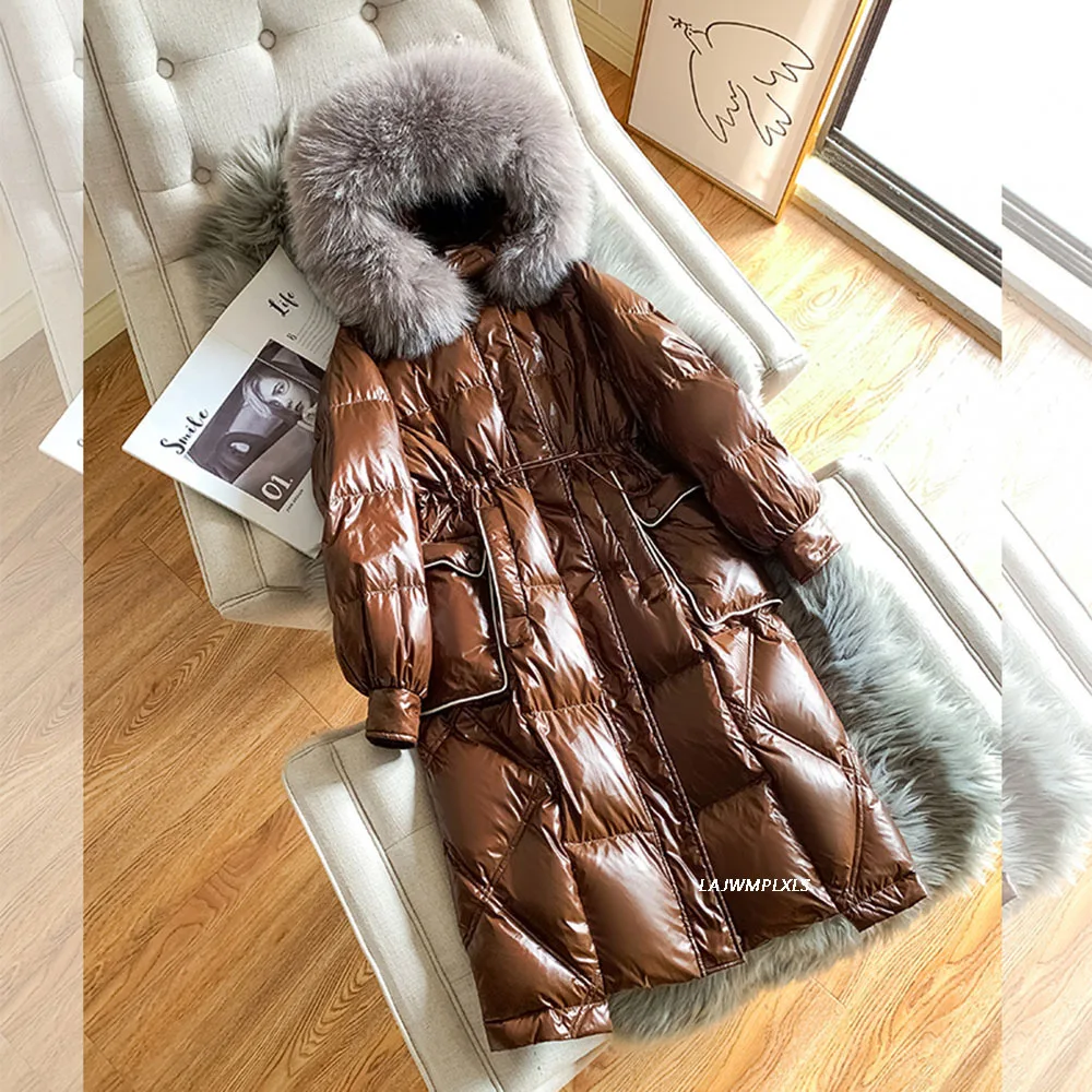 Luxury Brand Women\'s Winter 90% White Duck Down Jacket Real Raccoon Fur Collar Hooded Long Glossy Puffer Fluffy Feather Coat