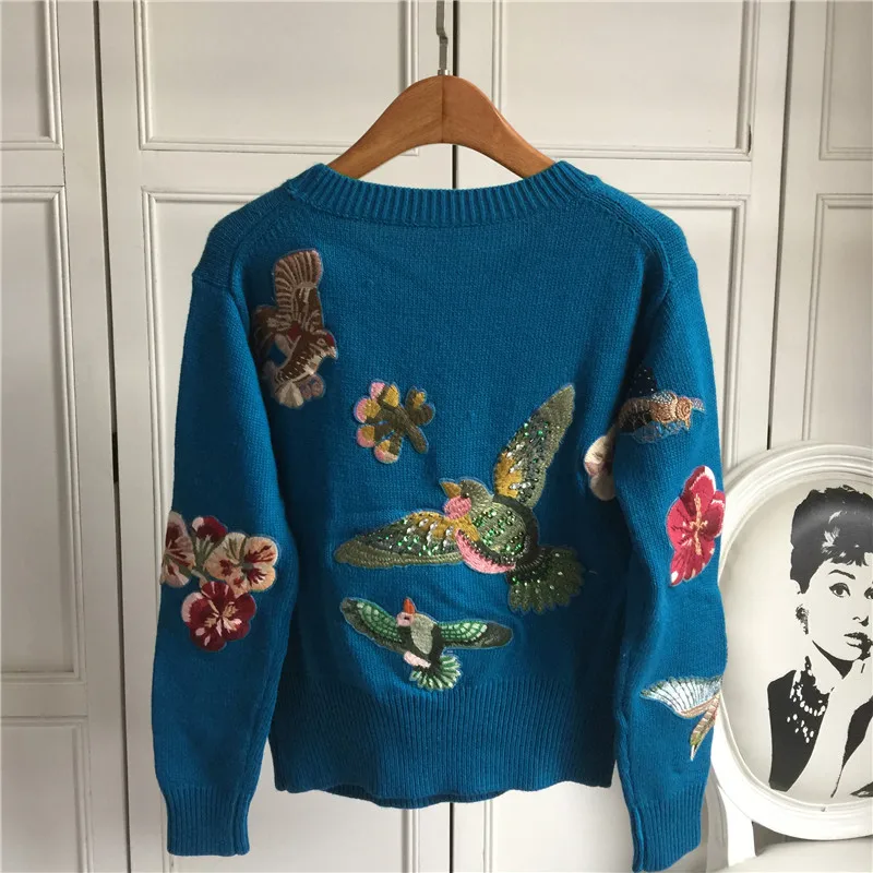 Autumn Winter Sweaters New Fashion Women\'s Long Sleeve Elegant birds beading Flower Embroidery novel Wool Sweater