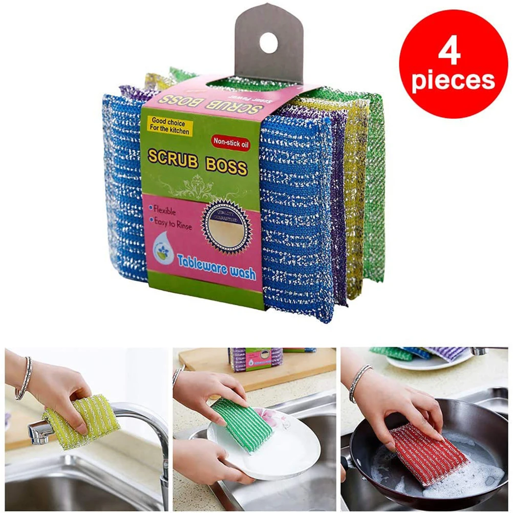 

4pcs Metal Abrasive Sponges Kitchen Cleaning Sponge Brush for Pots and Pans Household Clean Tools