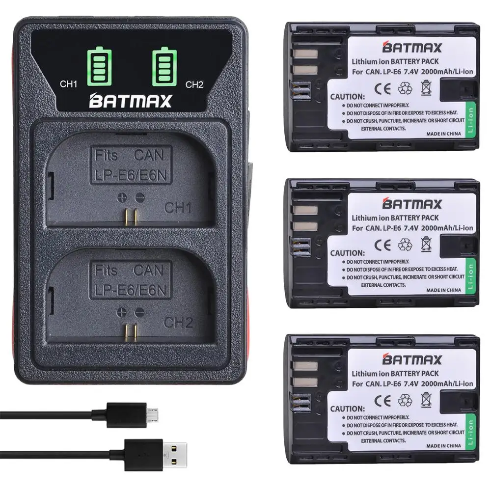 

Batmax LP-E6 LP-E6N LPE6 Battery+LED Dual Charger with Type C Port for Canon 5D Mark II III 7D 60D 6D 70D 80D EOS R5 R6 R7 RP