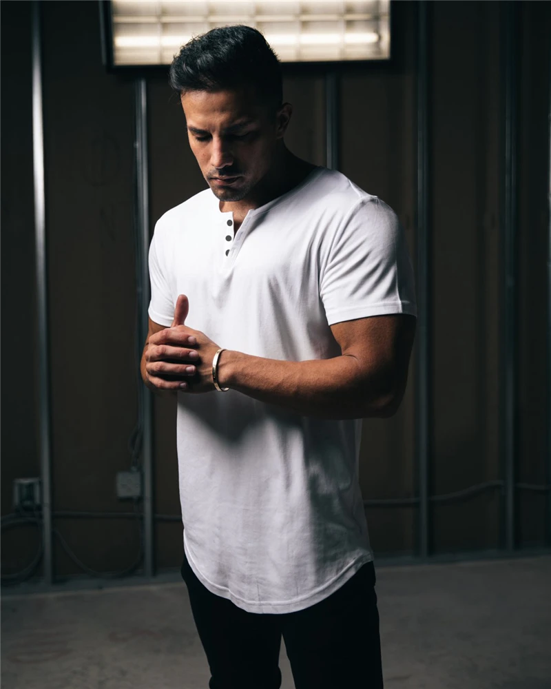 Plain Fashion clothing fitness t shirt men extend long tshirt summer gym short sleeve t-shirt cotton bodybuilding Slim tops tee