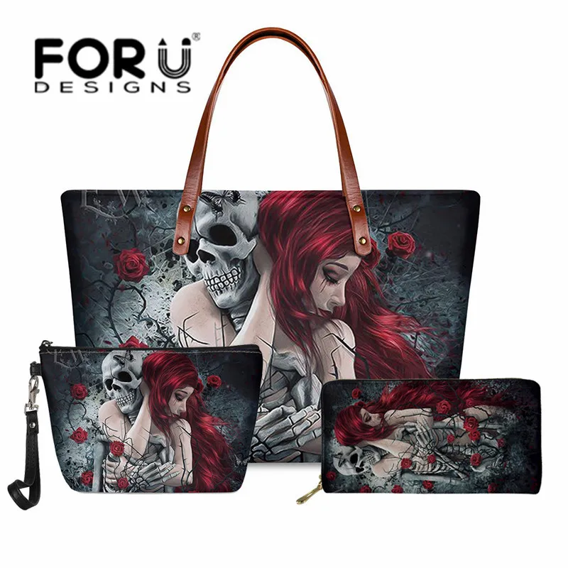 

FORUDESIGNS 3pcs/set Brand Designer Day of the dead Large Handbag Sugar Rose Girl Print Leather Purse Shoulder Tote Set