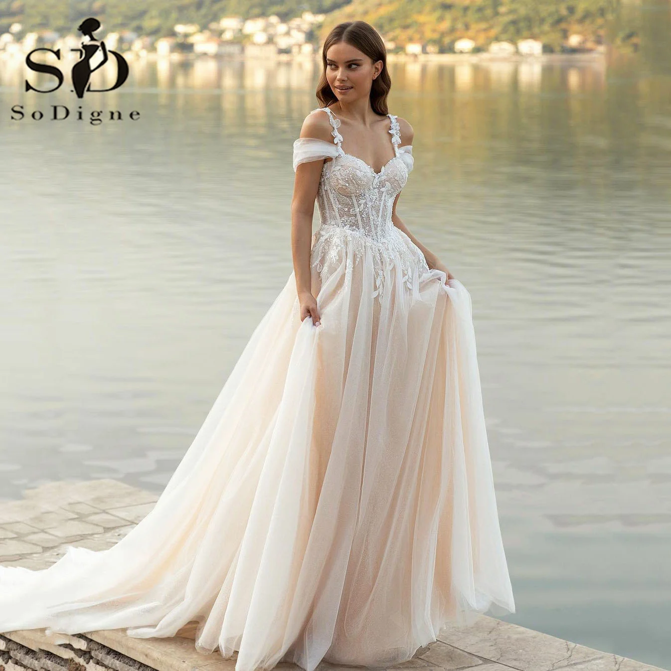 SoDigne Abito da sposa da spiaggia Sweetheart Applicazioni in pizzo con spalle scoperte Corsetto Abito da sposa principessa Abito da sposa personalizzato