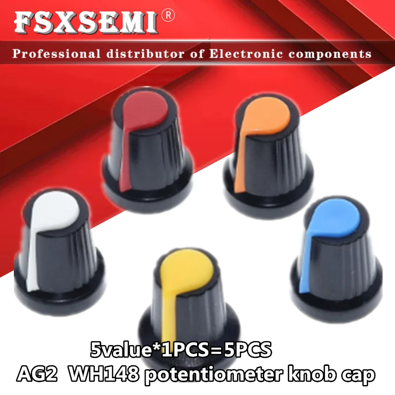 

5colorX1pcs=5pcs New WH148 potentiometer knob cap(copper core) 15X17mm 6mm Shaft Hole AG2 Yellow Orange Blue White Red