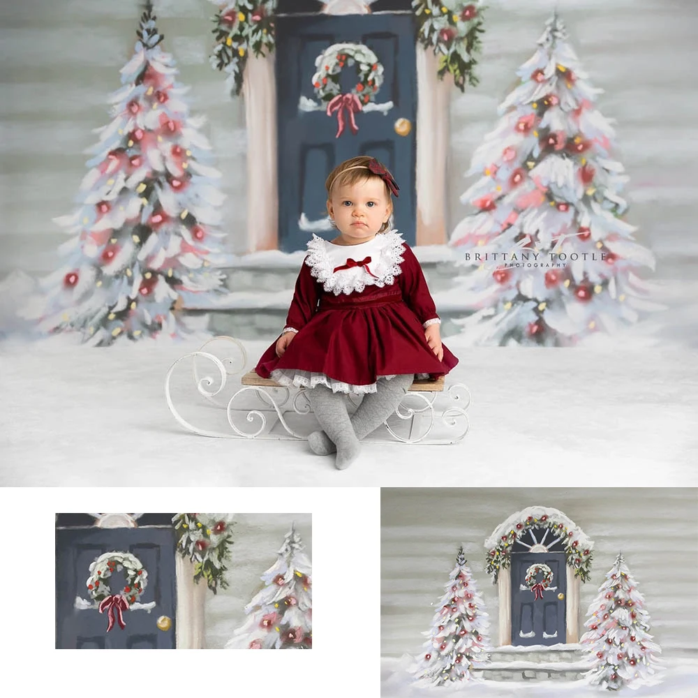 Christmas Newborn Photography Backdrop Green Door Wreath Christmas tree Background Toy child Decor Banner