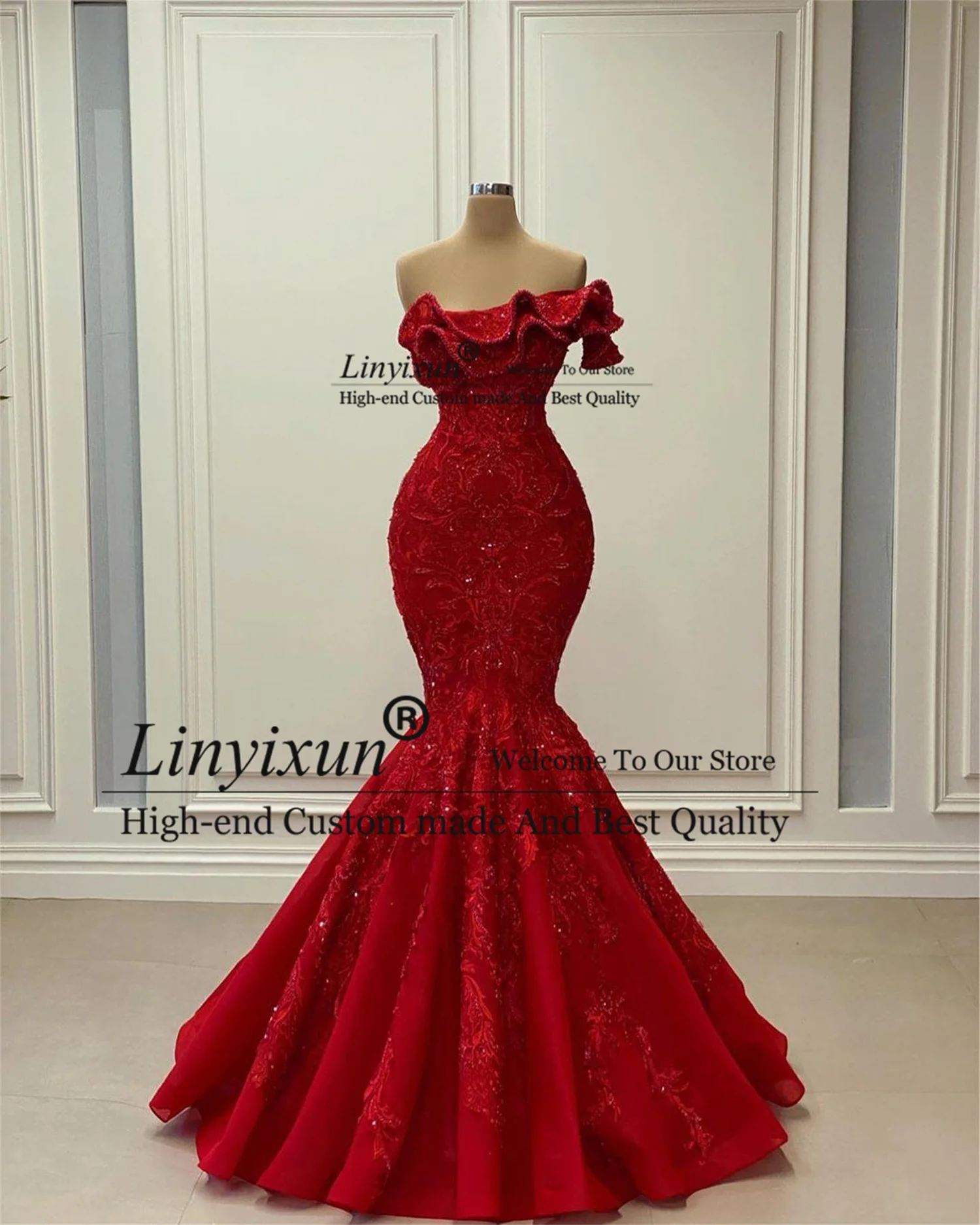 Arabic Aso Ebi Luxurious Mermaid Prom Dresses Customized Lace Beaded Sleeveless Evening Gown Formal Party Second Reception Gowns