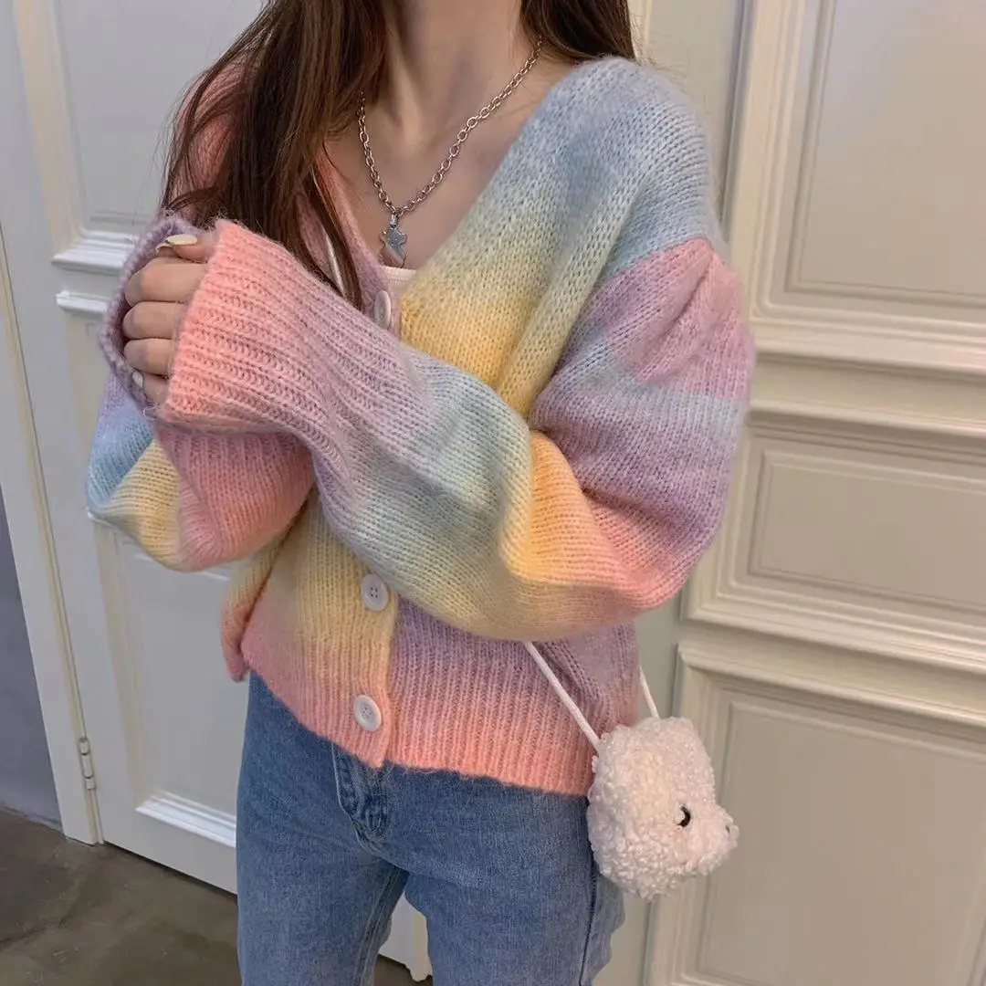 2021 spring new all-match V-neck breasted rainbow color short knitted cardigan jacket women