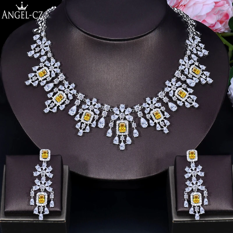 ANGELCZ Exclusive Dubai Bridal Costume Jewelry Set for Women Yellow Cubic Zirconia Tassel Square Drop Necklace Earrings AJ199