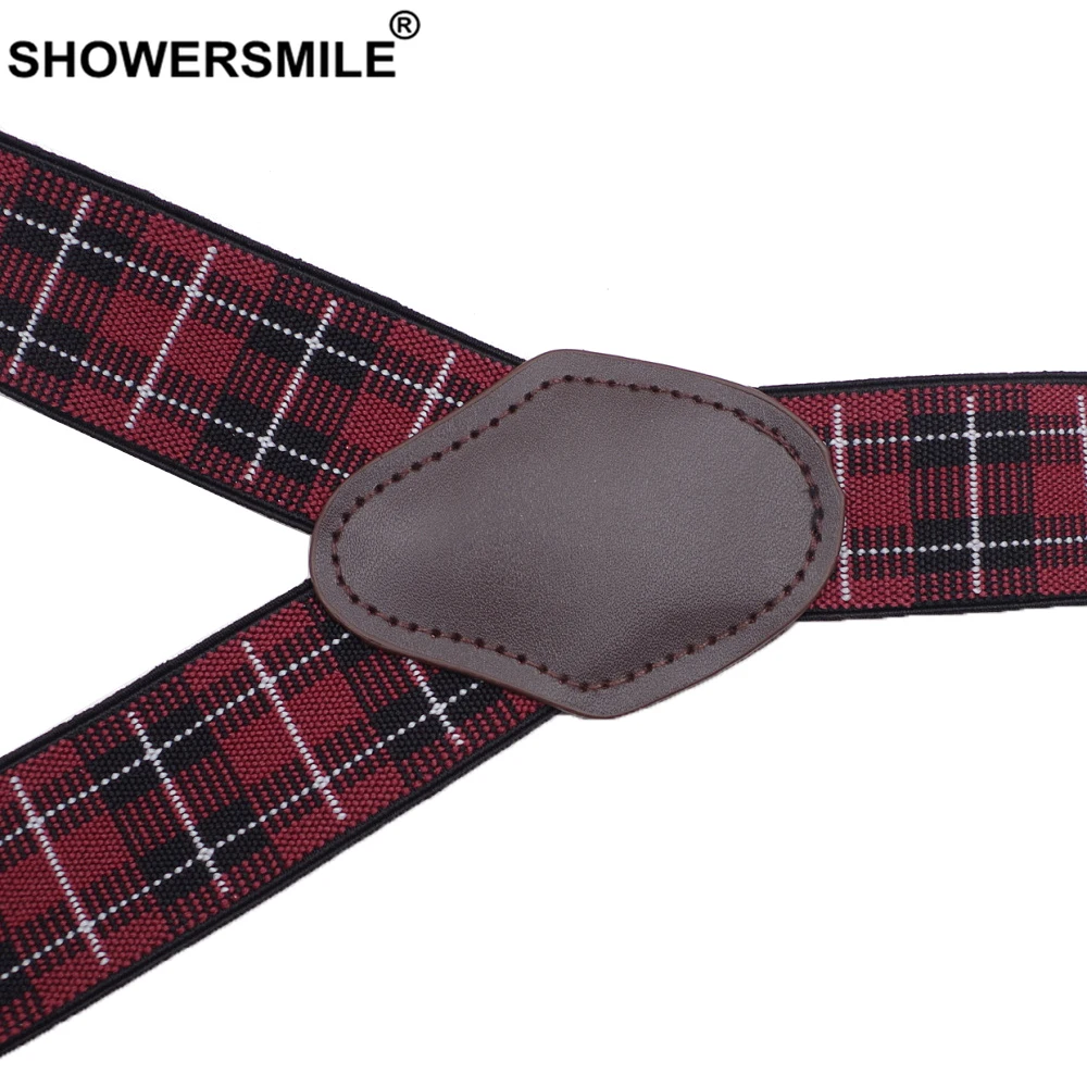 SHOWERSMILE Mens Trouser Braces British Red Plaid Suspenders 6 Clips Jacquard Business Formal Elastic Leather Male Pants Strap