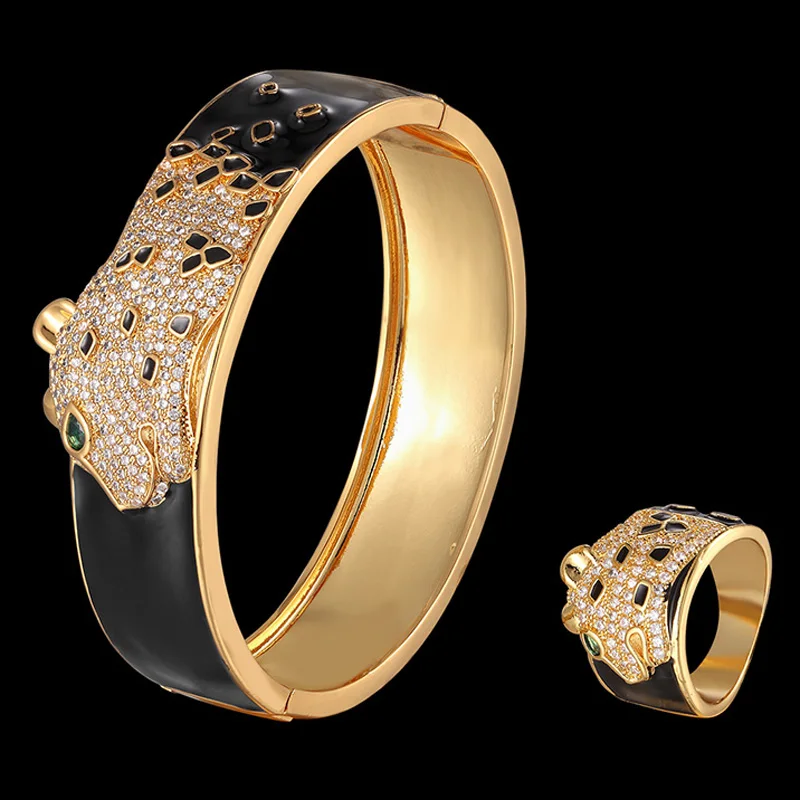 Zlxgirl Luxury big jet black enamel leopard bangle bracelet with ring jewelry sets fashion women's gold copper zirconia bracelet