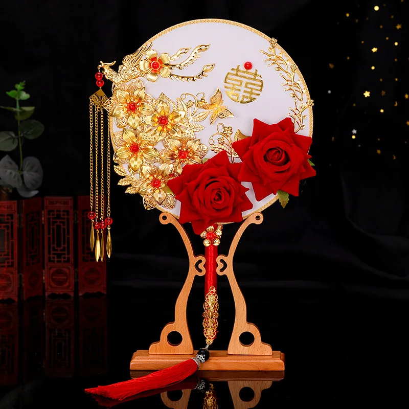 NiuShuya  New Fashion Wedding Red Rose Flower Bouquet Fan Handmade Chinese Bridal Jewelry Hand Round Fans