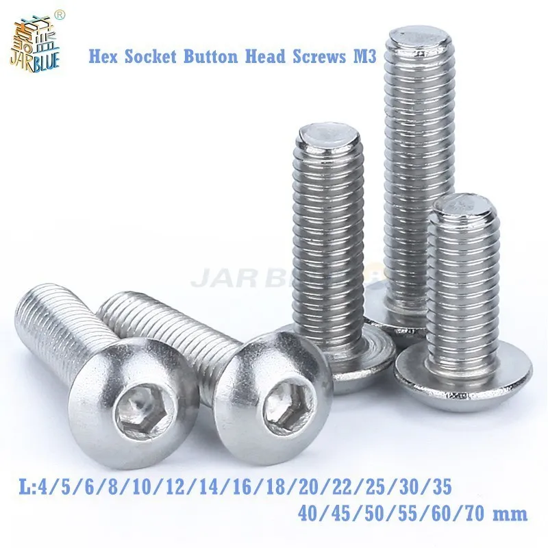 100pcs M3 Bolt A2-70 Button Head Socket Screw Bolt SUS304 Stainless Steel M3*4/5/6/8/10/12/14/16/18/20/22/25/30/35/40/45/50-70mm