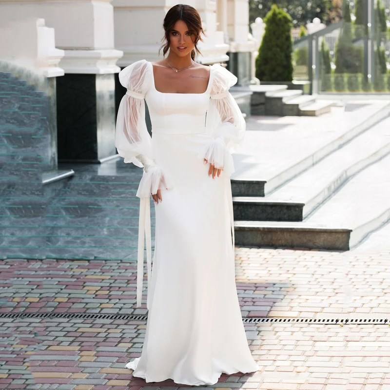 Elegant Satin Mermaid Wedding Dress Long Puff Sleeve Sexy Beach Square Collar Bridal Gowns Custom Made Summer Robe De Mariee