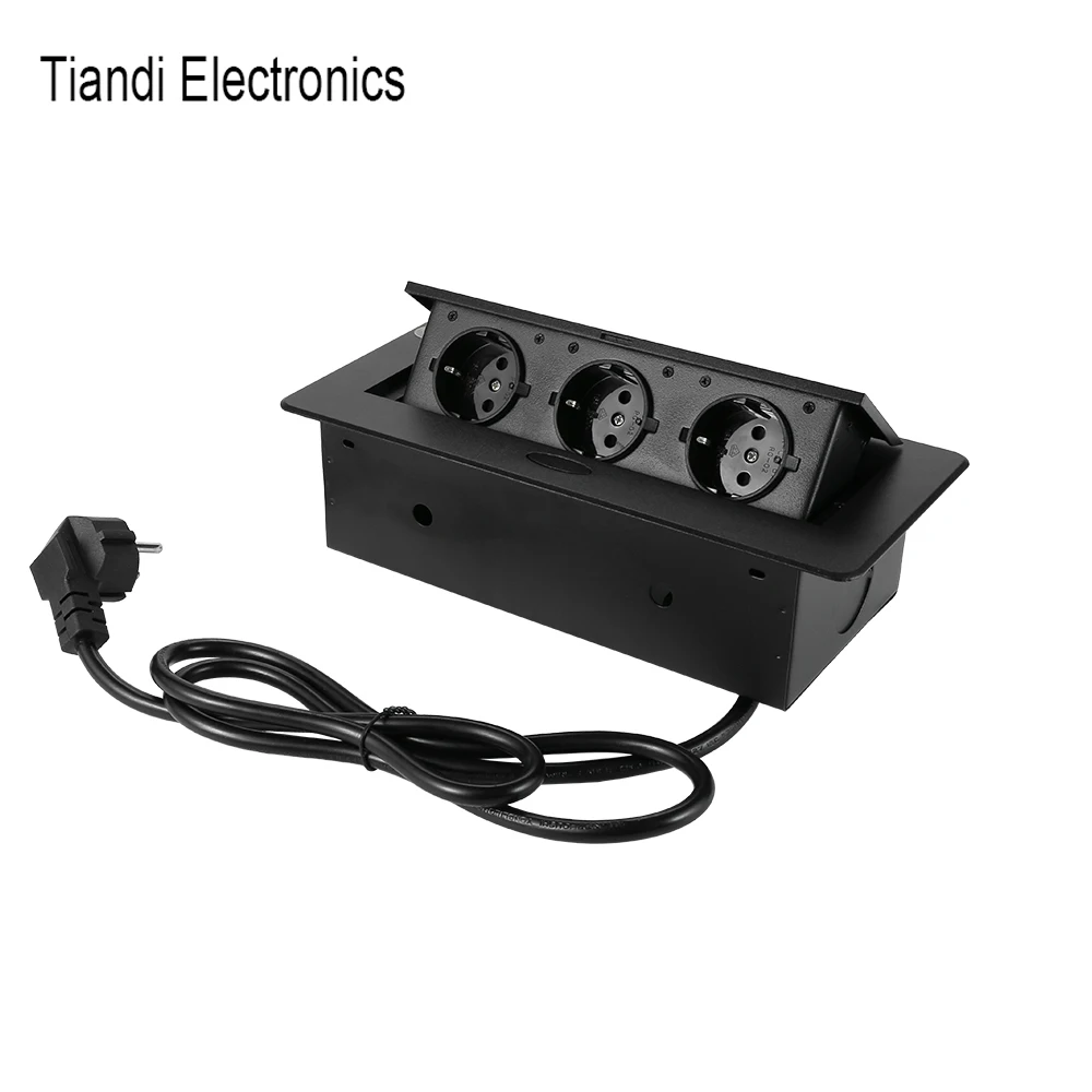 

Скрытая Пыленепроницаемая Выдвижная черная круглая кромка из цинкового сплава настольная розетка 3-значная Европейская стандартная электрическая розетка с кабелем для сварки