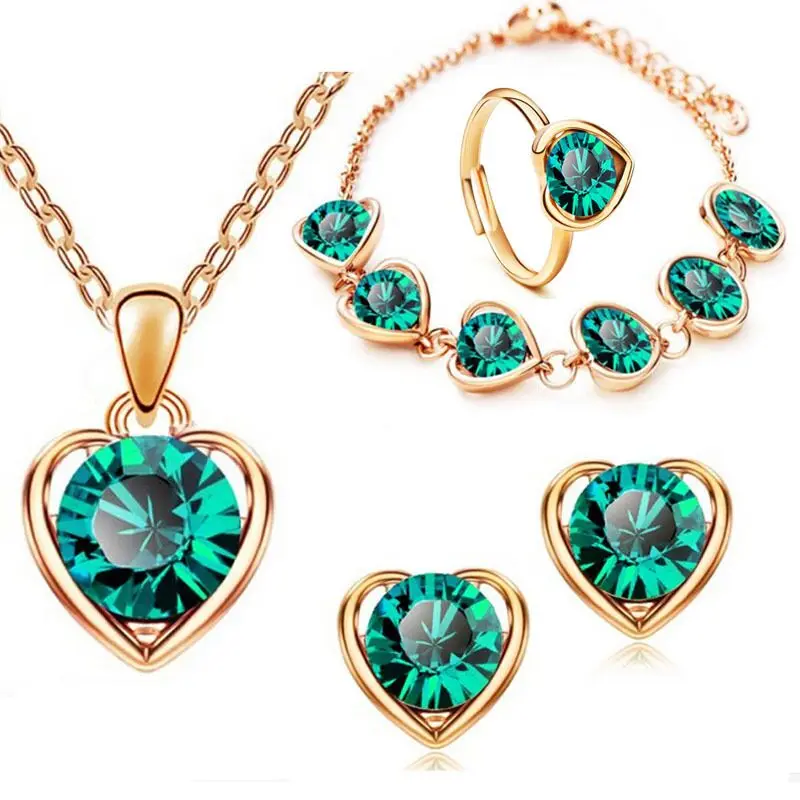 Fine jewelry 925 sterling silver for ladies wedding heart gold hole green necklace earrings bracelet ring set yw067