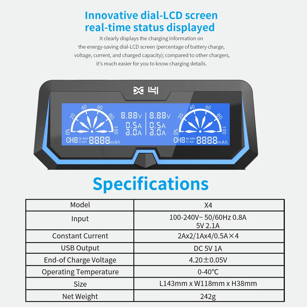 XTAR 18650 Fast Battery Charger X4 Quick Charge 1 2VNi-MH NIC-CD Battery 3.7V Rechargeable Li-ion Batteries 20700 21700 Charger