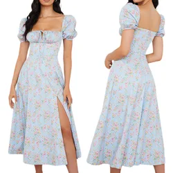 Women Slit Dress, Floral Printed Pattern Square Collar Short Sleeve Backless Long Dresses Summer