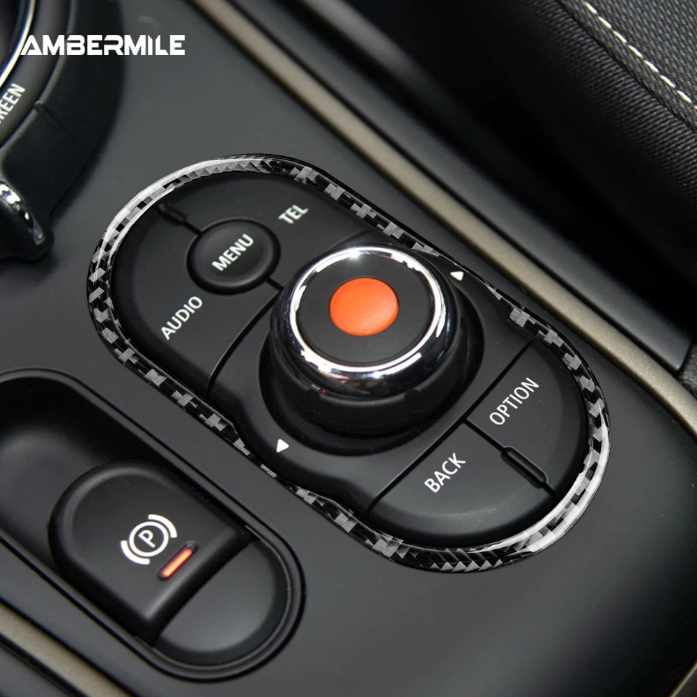 AMBERMILE for Mini Cooper Countryman F60 Accessories Carbon Fiber Interior Trim Center Console Multimedia Button Circle Sticker