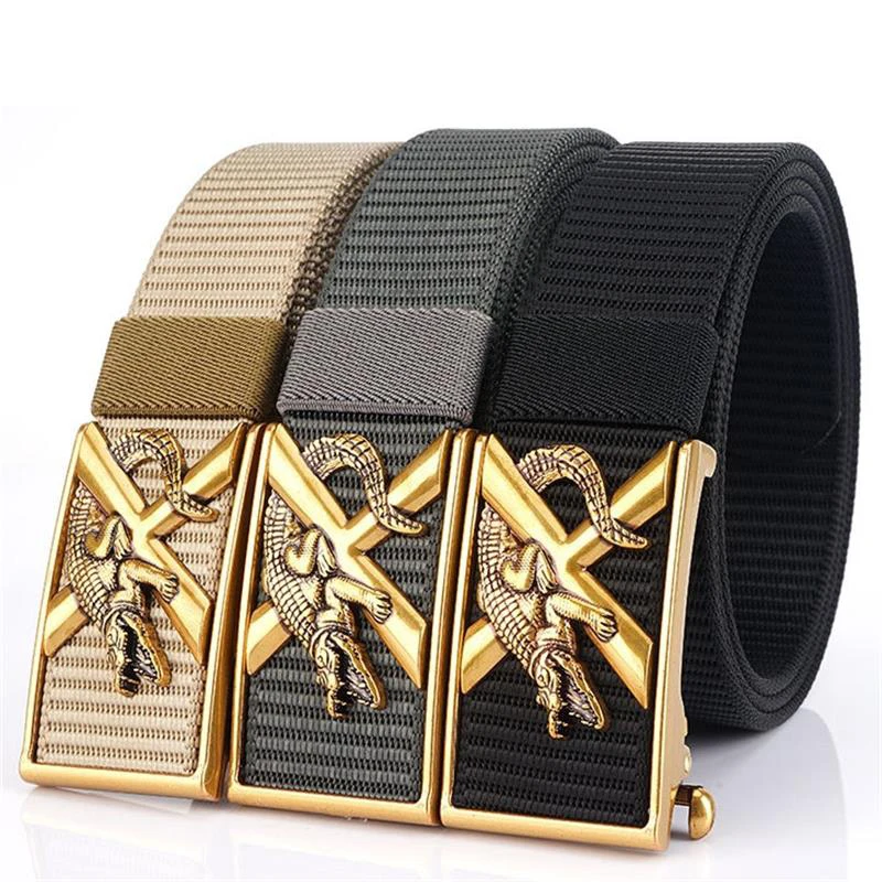 SupSindy Man's Nylon Belt Luxury Crocodile Metal Automatic Buckle Canvas Belts for Men Fashion Jeans Waistband Casual Male Strap