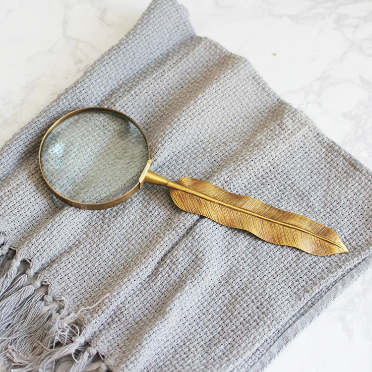 Handmade Brass Vintage Feather Handle Creative 10 Times Magnifying Glass Sample Ornament Decoration Antique Lucky Crafts