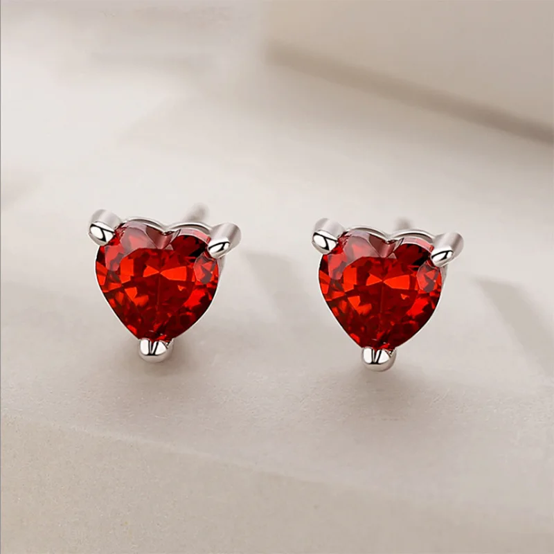 Buyee 925 Sterling Silver Small Stud Earring Light RED CRYSTAL Simple Heart Earring for Woman Fashion Party Fine Jewelry Earring