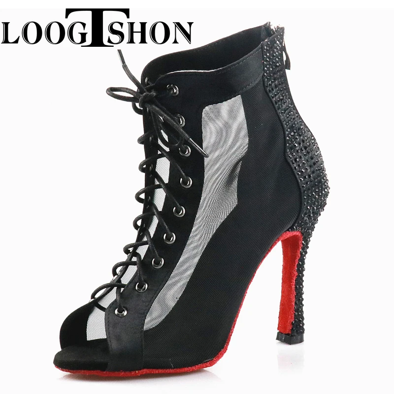 LoogtshonWomen Dance Boots For Ladies High Heel Flannel Ballroom Modern Dance Shoes Black Gilrs Soft Sole Bachata Salsa Dancing