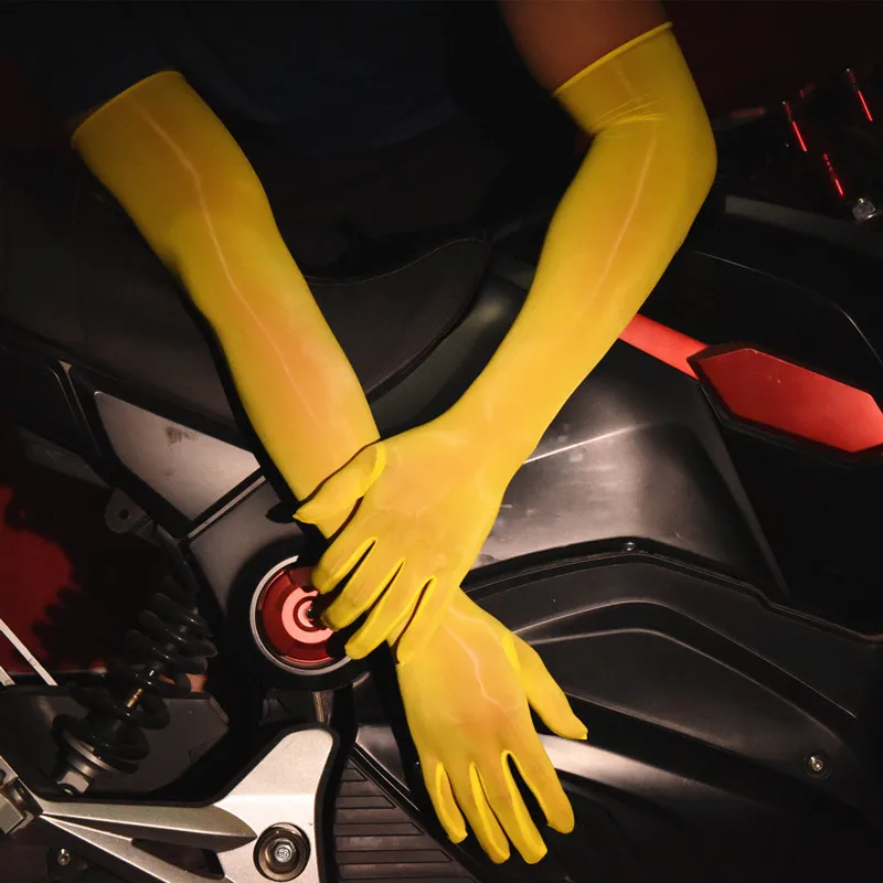 Men Sissy Cross Dress Fetish Wear Elasticity Seamless Oil Glossy Ultrathin Transparent Silky Five Fingers Separated Long Gloves