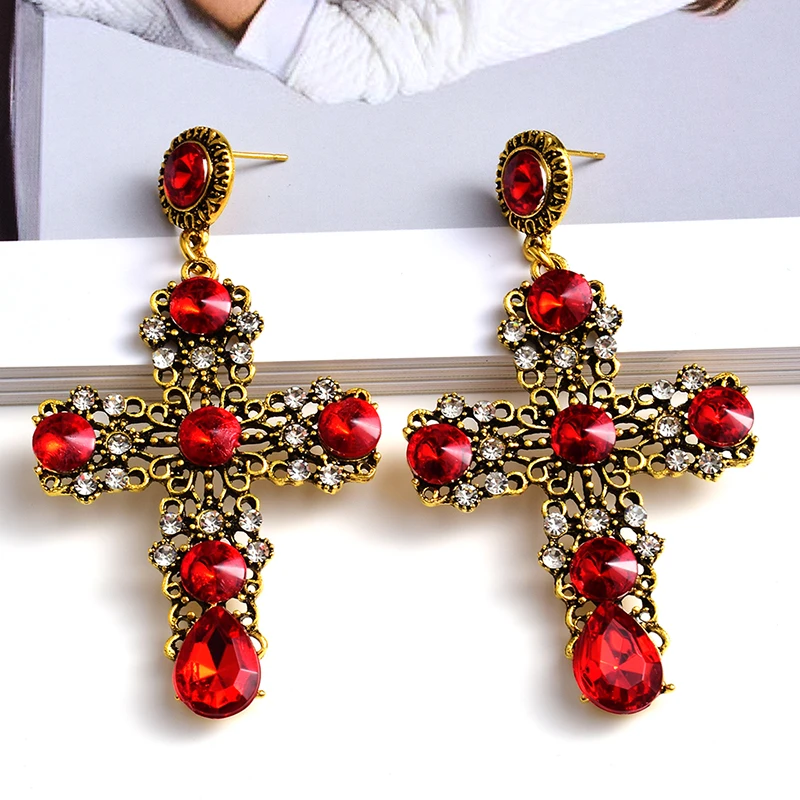 New Design Vintage Metal Crystal Long Cross Drop Earrings High-Quality Rhinestones Jewelry Accessories For Women Wholesale