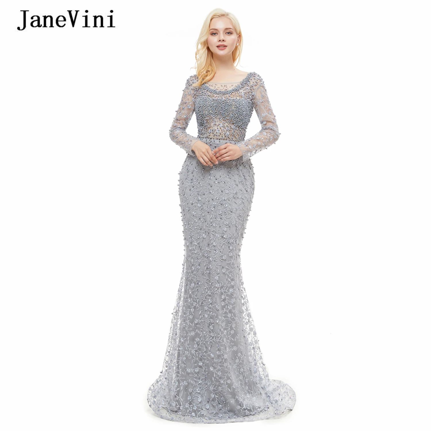 

JaneVini/роскошное серое кружевное платье с бусинами и русалочкой для выпускного вечера, длинные рукава, полный жемчуг, Дубай, вечерние платья с открытой спиной, Vestidos Fiesta