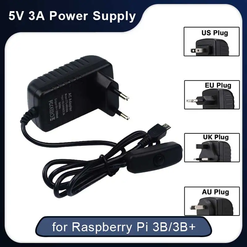 Zasilacz 5V 3A Raspberry Pi 3 Model B+ Zasilacz z portem Micro USB Przełącznik AC Ładowarka z wtyczką EU UK AU US do Raspberry Pi 3B