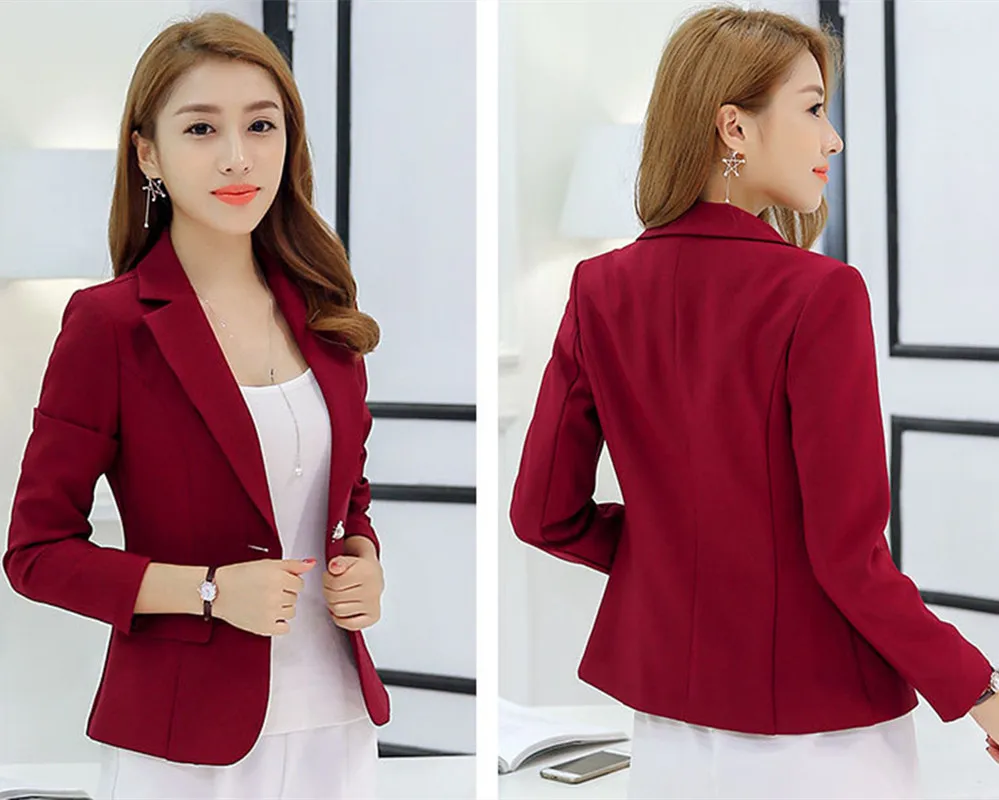 Women\'s Long Sleeve Top Blazer, Ladies Office Jackets, Slim Blazers, Outerwears Veste Femme Red,Navy Blue, Gray, Short Design