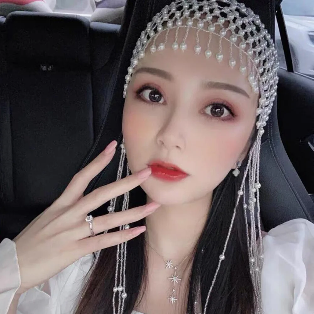 Handmade Bejeweled Hollow Pearl Tassel Forehead Headpiece Bridal Head Chain for Women Pearls Head Cap Hat Headband Accessories