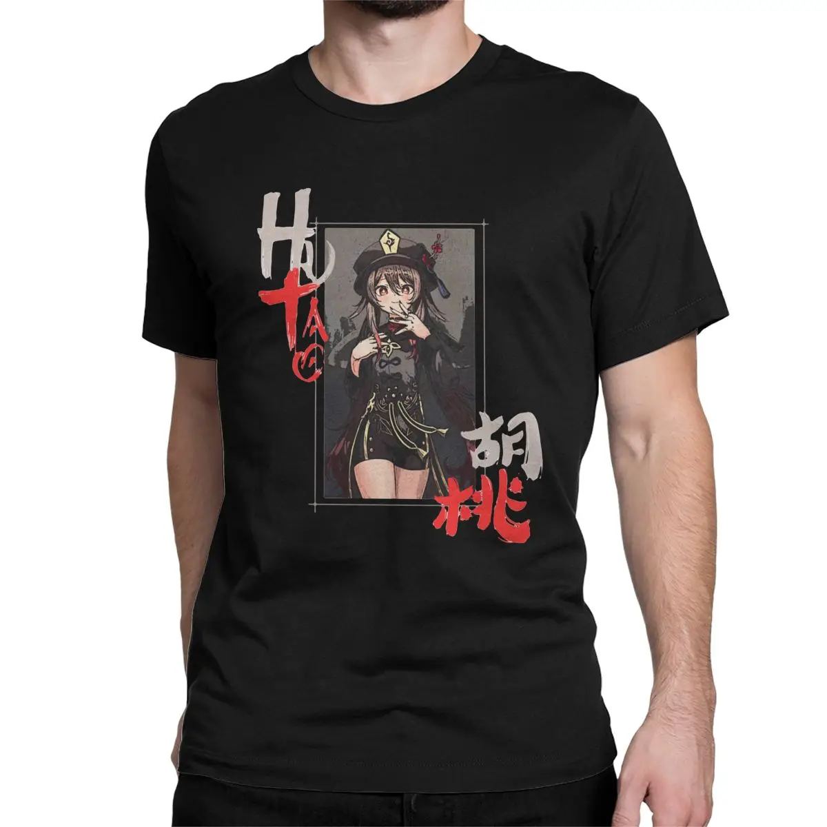 Hu Tao Genshin Impact Men T Shirt Anime Game Humorous Tees Short Sleeve Crew Neck T-Shirts Cotton Plus Size Tops