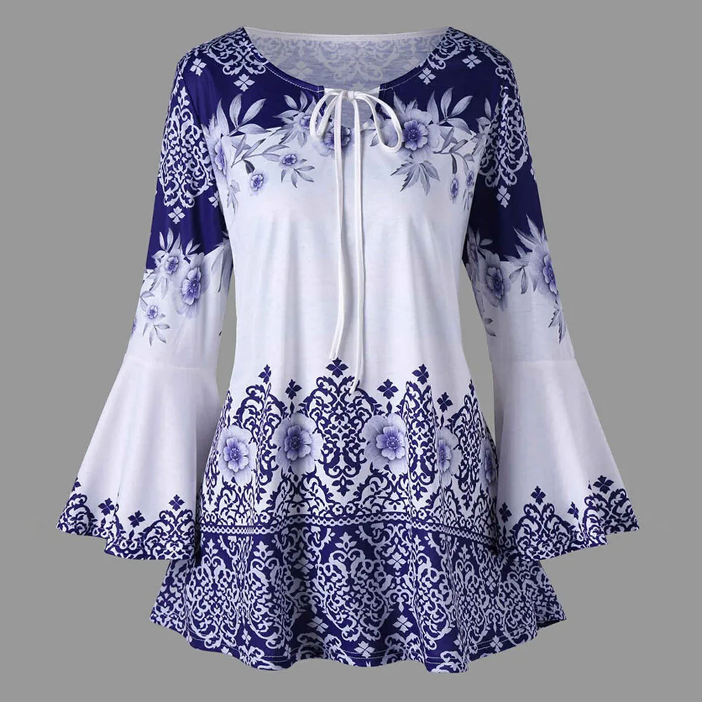 

Autumn 5XL Plus Size Blouses Women Bandage Long Sleeve O-Neck Floral Print Loose Casual Lace Fashion Tops Shirts Women Blouse