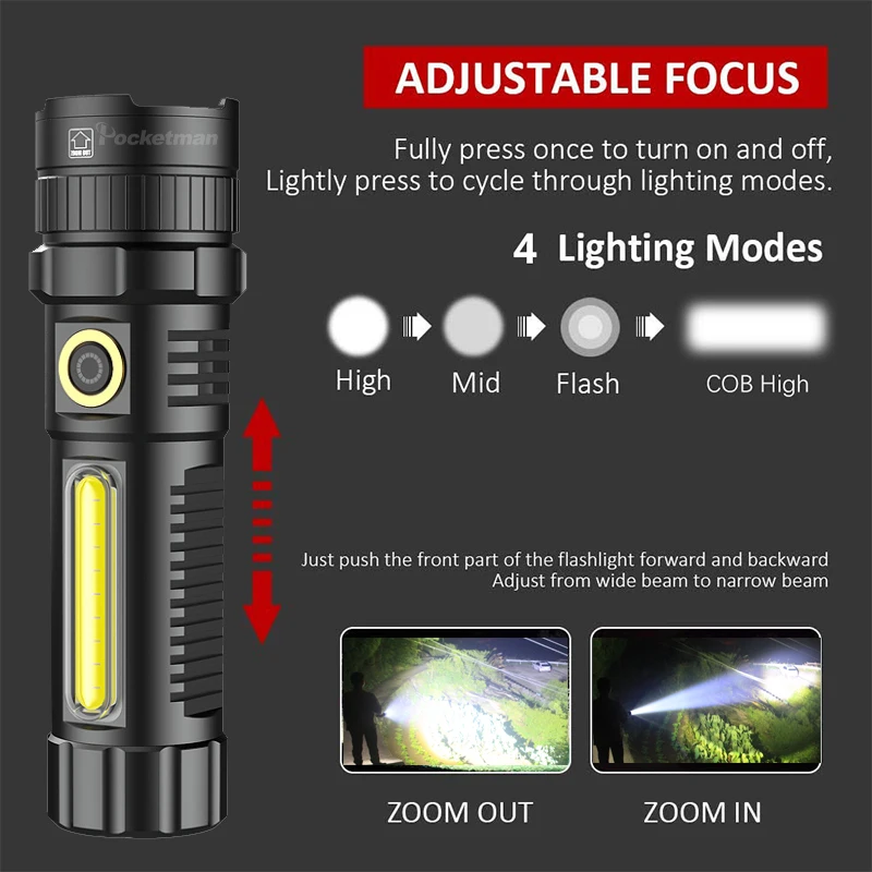 POCKETMAN XHP70 LED Flashlight USB Rechargeable Flashlights Zoomable Torch Waterproof Torch with COB Side Light