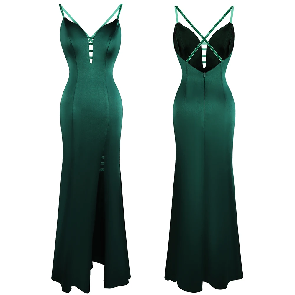 

Angel-fashions Women's Spaghetti Strap V Neck Teal Split Thigh Maxi Evening Dresses Sexy Crisscross Open Back Bodycon Party Gown