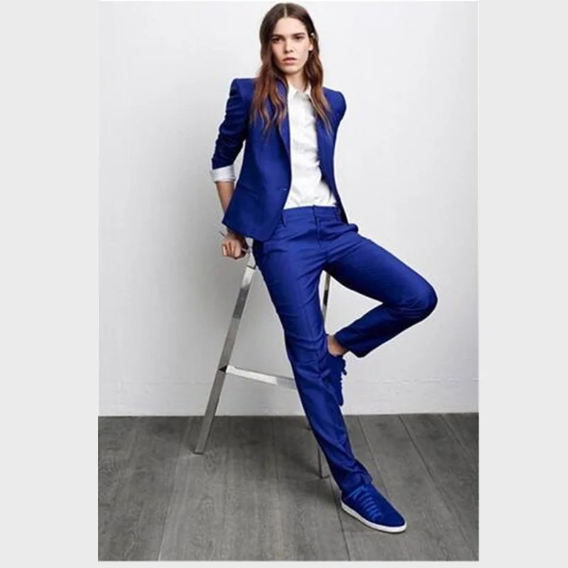 Tesco-trajes formales para mujer, chaqueta y pantalón de trabajo, esmoquin de oficina a la moda, color azul real, hecho a medida