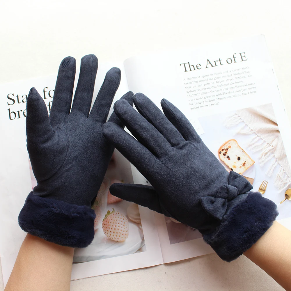 Winter warm gloves ladies touch screen color fashion bow thickened outdoor windproof and cold-proof suede gloves