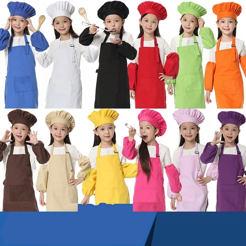 

Children Canvas Apron Painting Cook Kitchen Kids Party Gift Apron Hat Sleeve Printed Logo Aprons