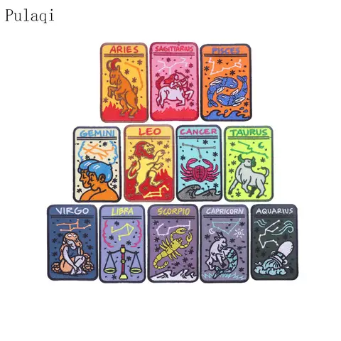 Pulaqi Twelve Constellation Patches For Backpack Aquarius Sagittarius Pisces Patch Iron On Embroidered Patches For Clothes