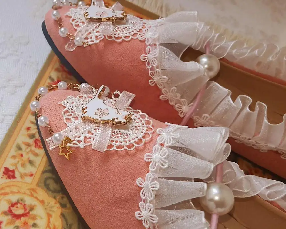 Japanese sweet lolita shoes vintage cute flower lace princess kawaii shoes round head flat heel women shoes loli cosplay