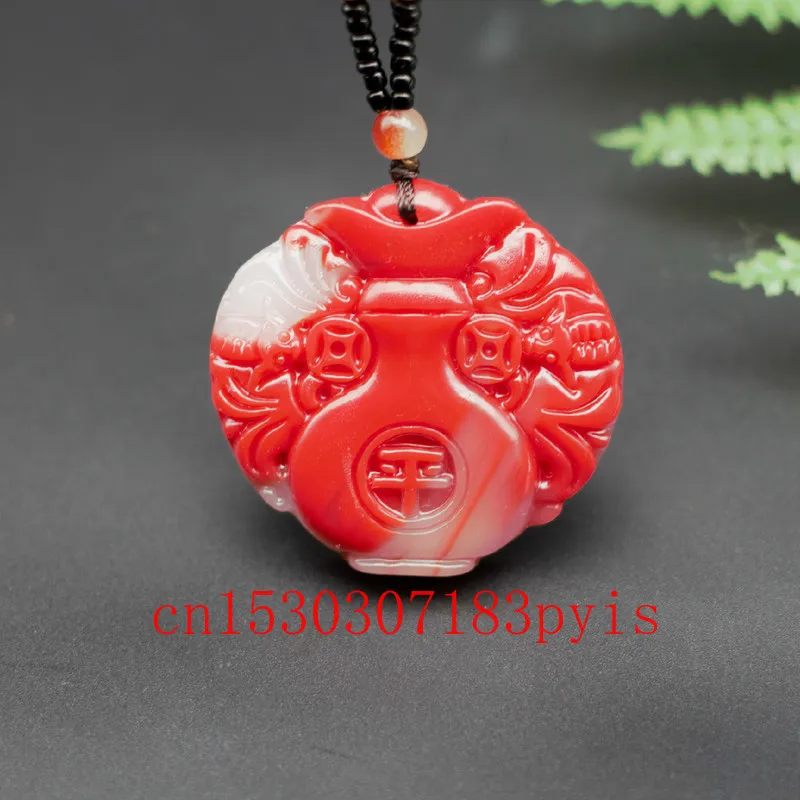 

Natural Red White Jade Vase Pendant Necklace Chinese Hand-Carved Fashion Charm Jewelry Accessories Amulet for Men Women Gifts