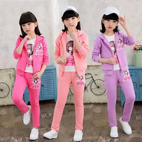 3pcs Autumn Girls Kids Tracksuit Sportswear Zip Up Hoodie Sweatshirt+sweatpant+jacket Casual Jogger Running Workout Outfit Set