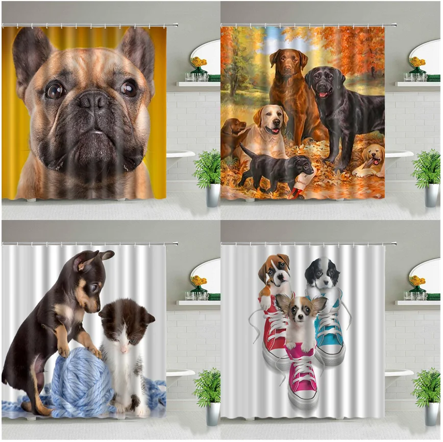 

Animal Dog Shower Curtains 3D Printed Bathroom Decor Waterproof Polyester Cloth Children's Bath Curtain Washable With Hooks