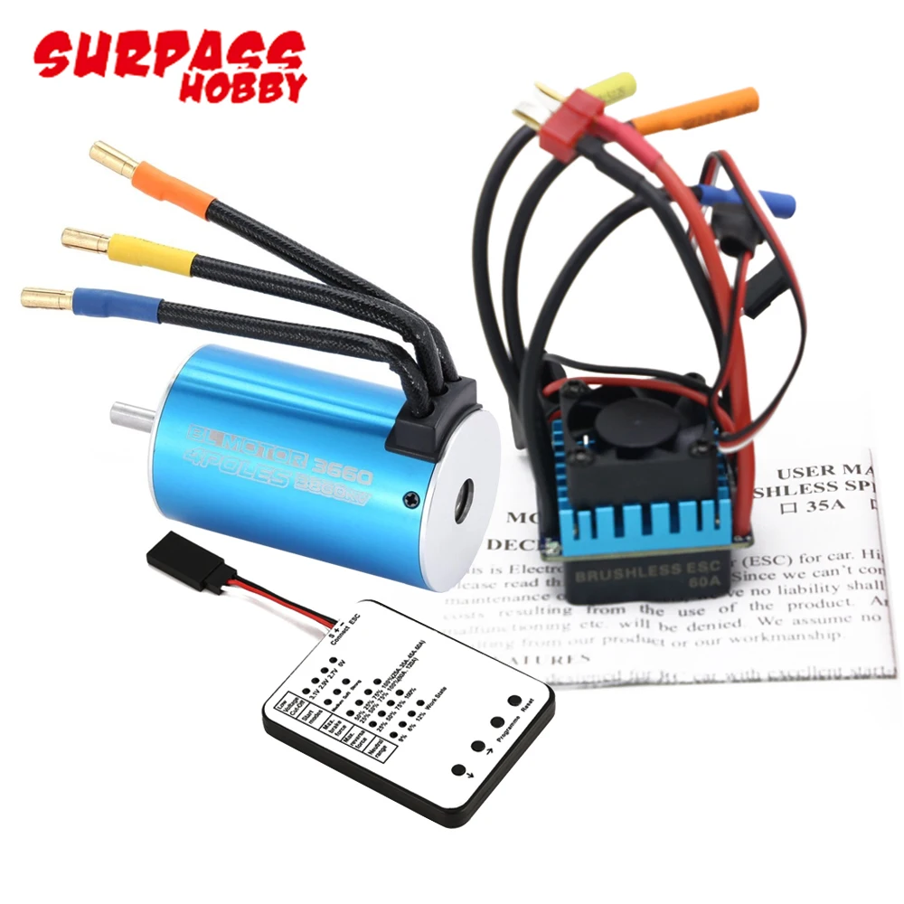 Surpass Hobby 3660 2600KV/3300KV/3800KV Brushless Motor With 60A/80A ESC And LED Program Card For 1/10 RC Car Truck Buggy Toys